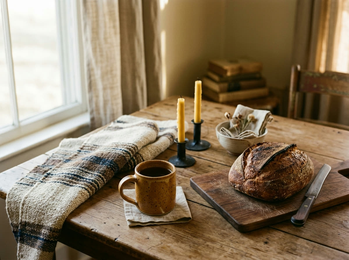A wooden table set with handmade things: a wood-fired mug, handwoven cloth, fresh bread, beeswax candles and a hand-forged knife