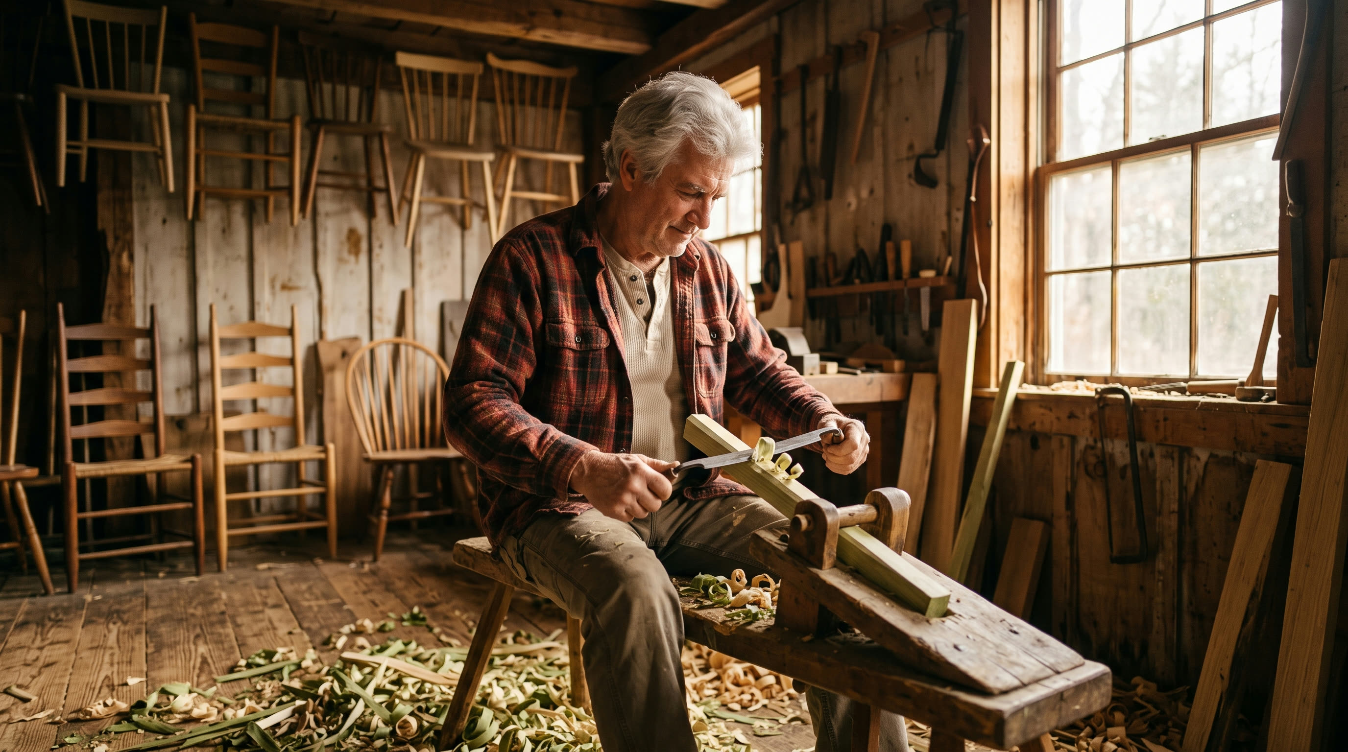 Ray Aldous at his shaving horse at first light, Berea, Kentucky.